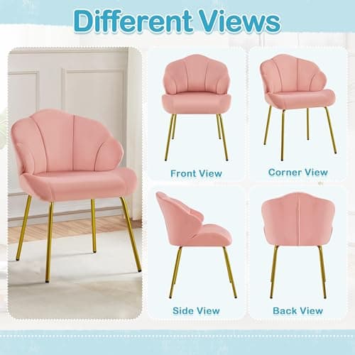 Yaheetech Fauteuil de Salon Moderne, Design Coquillage, Chaise de Chambre à Coucher Confortable, Rembourré, Ergonomique, Fauteuil en Velours avec Dossier, Pieds en Métal Plaqué Or, Rose