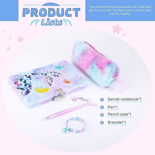 homicozy Journal intime pour fille avec cadenas - Papier à lettre sirène avec étui en peluche - Carnet privé avec stylo sirène et bracelet en perles - Violet