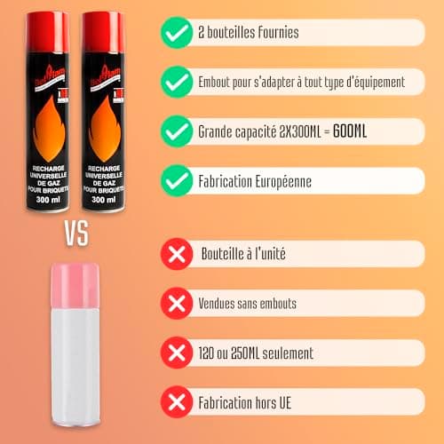Lot 2 recharges de gaz 300 ml pour briquets et chalumeau de cuisine