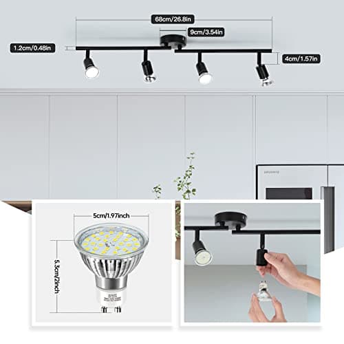 wowatt Plafonnier LED 4 Plafonnier cuisine Incl. 4x 5W Spots GU10 420lm Pivotant Salon Entrée Chambre Blanc froid Plafonnier spot 6000K Noir Moderne Inoxydable