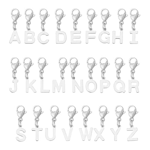 UNICRAFTALE 26 pièces 26 styles Breloques Alphabet Breloques Acier Inoxydable Ensemble de Pendentifs Métal Lettre AZ Breloques de Lettre 25mm avec fermoirs à Pince de Homard pour Bijoux