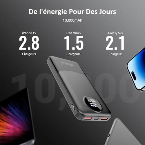 Dbasne Batterie Externe, 22.5W 10000mAh Power Bank Charge Rapide, Batterie Portable PD QC4.0 USB C Input & Output, Power Bank Compatible avec iPhone 15 14 13 Pro Max Samsung Galaxy Xiaomi Huawei