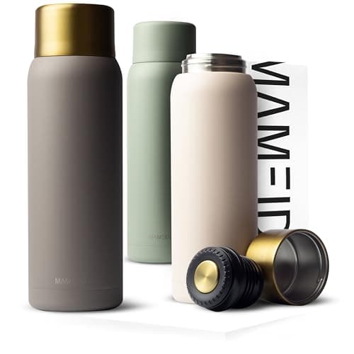 MAMEIDO Bouteille Isotherme 1l avec Mug en Acier inox, Gourde Isotherme 1l chaude 12h, Thermos 1l étanche 100% sans BPA, café et thé pour la route (Taupe Grey Gold, 1000ml)