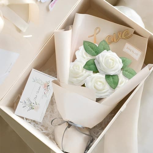 ilauke 30 Rose Blanche Artificielle avec Tiges et Carte,Roses en Mousse en Vrac 8cm Fausses Fleurs Rose pour Toucher Réaliste,Bouquet de Fleurs Artificielles avec Feuilles pour Centre de Table Mariage