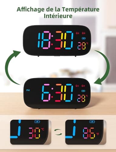 LIORQUE Réveil Numérique, Reveil a Piles LED en Couleur avec Fonction de Snooze, Reveil Digital avec Température, 0-100% Luminosité, 8 Sonneries, 2 Alarmes, 12/24H, Port de Charge USB, Noir