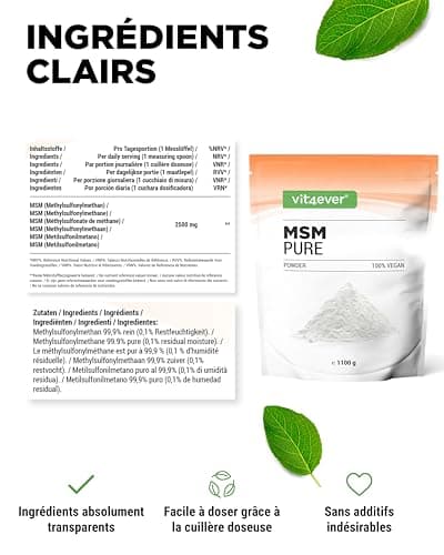 MSM en poudre - 1,1 kg (1100g) - - méthylsulfonylméthane cristallin pur à 99,9% - Facteur de maille 40-80 - Testé en laboratoire - Soufre organique - Végétalien
