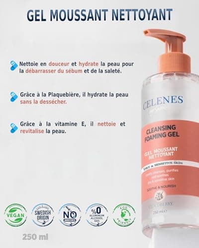 Celenes by Sweden Gel Nettoyant Visage à Plaquebière, Mousse Nettoyante Visage 250ml - Nettoyant Visage Apaiser-Nourrir, Demaquillage Visage Sans Parabèn-Alcool, Nettoyant Visage Peau Sensible & Sèche