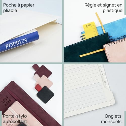 POPRUN Agenda 2025 Semainier D'août 2024 à déc 2025 Scolaire - Couverture Souple à Spirale, Onglets Mensuels, Papier 80 g/m2, Boucle de Stylo Autocollante - Format 22 x 16,5 cm, Bordeaux
