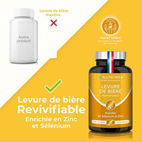 LEVURE Active DE BIERE REVIVIFIABLE - Complément Alimentaire Cheveux, Ongles & Peau - Enrichie en Zinc & Sélénium - Facilite le Transit - 90 Gélules Vegan - Nutrimea - Fabriqué en France