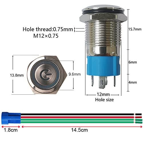 Gebildet 2pcs 12mm Autobloquant Interrupteur, Acier Inoxydable Verrouillage Bouton Interrupteur, Normalement Ouvert SPST 12V-24V 3A Interrupteur à Levier Étanche avec Fiche à Douille (Bleue+Rouge)