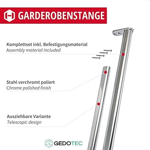 Gedotec Barre de penderie | OVAL-TELEMAGIC | 22 x 15 mm | 1 Barre télescopique extensible de 900 à 1100 mm | Acier Chromé | Tube de penderie télescopique flexible pour le montage mural