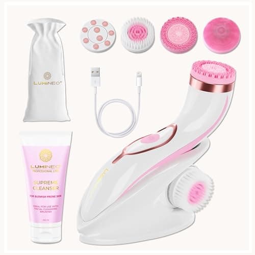Lumineo brosse nettoyante pour le visage avec gel nettoyant, brosse électrique USB pour le visage pour un nettoyage en douceur et en profondeur (PRO rose (peau impure))
