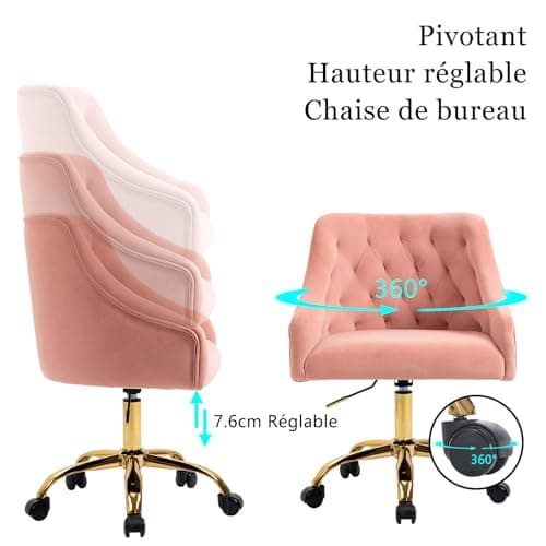WOEOA Chaise de Bureau en Velours, Chaise pivotante Ergonomique, Chaise de Bureau à roulettes, réglable en Hauteur, pour Bureau, Chambre, Coiffeuse, jusqu'à 135 kg, Filles Femmes - Rose
