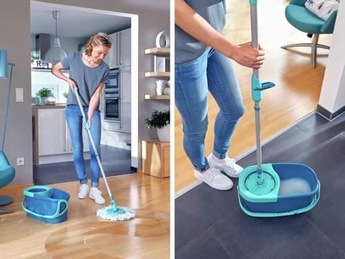 Leifheit Clean Twist Disc Mop Ergo Kit complet balai, serpillière et seau essoreur, ensemble balai serpillère en microfibre avec manche télescopique, essorage sans effort