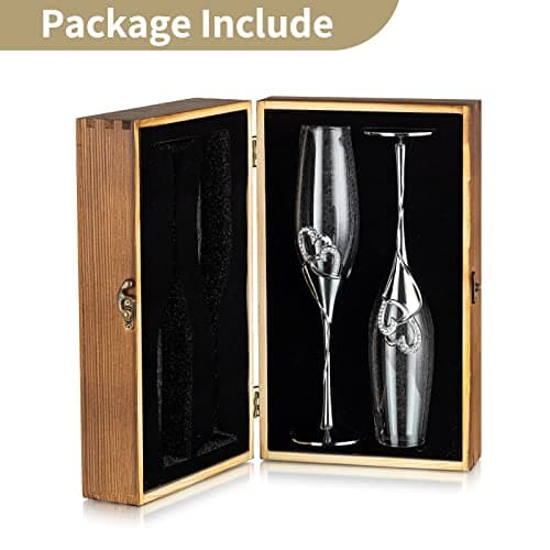 NUPTIO Flûtes à Champagne Mariage: Flûte à Champagne Personnalisée Coffret Cadeau en Bois Cristal Prosecco Verre Ensemble de 2, Ensemble Cadeau Argent Toast Anniversaire Fête Nuptiale Douches