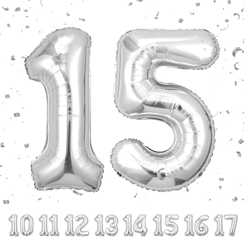 Ballons Anniversaire 15 Argent - 100cm - Ballon Chiffre 15 Numéro 15 - Happy Birthday Decoration Ballons Fête d'anniversaire Ans Vole Grâce à l'Hèlium 15