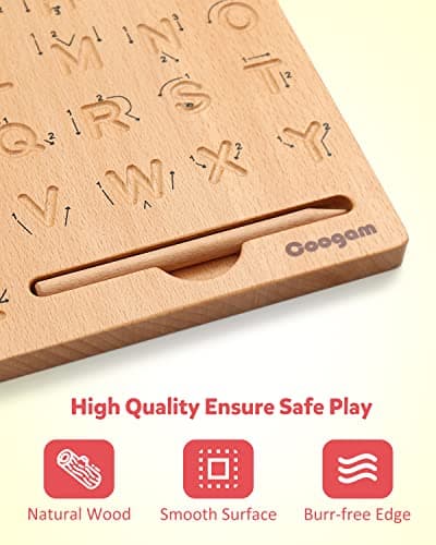 Coogam Planche de traçage de Lettre en Bois Double Face, Alphabet 123 Chiffres Cognition Montessori Apprentissage précoce STEM préscolaire Jouet Cadeau pour 3 4 5 Ans Enfants