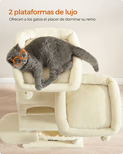 Feandrea Arbre à Chat Hauteur 112 cm, Tour de Jeux pour Chat, avec 11 Poteaux à Griffer, 2 Plateformes, 1 Niche, 1 Hamac, 2 Pompons, en Tissu Peluche, Plusieurs Niveaux, Beige PCT215M01