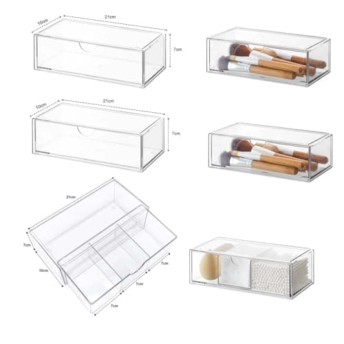 DoocliB Lot de 3 tiroirs de rangement empilables en acrylique pour salle de bain,boîte de rangement compacte en plastique pour maquillage ou cosmétiques, boîte à bijoux empilable, transparent