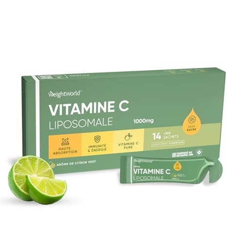 Vitamine C Liposomale 1000mg - 14 Sachets 5ml Vegan Goût Citron Vert Sans Sucre - Vitamine C Liquide Acide Ascorbique Haute Absorption & Dose - Vitamines Adultes Immunité, Antioxydant & Fatigue