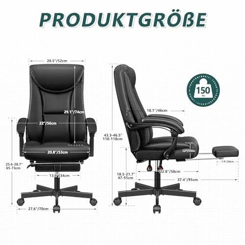 DoChair Fauteuil de Direction Chaise de Bureau Large siège de Bureau Ergonomique Dossier Haut 150KG avec Repose-Pieds Office Chair en Cuir PU, Noir