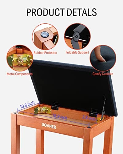 Donner Banc de Piano avec Rangement, Banc de Piano en Bois Massif avec Coussin en Daim Haute densité, Finition Bois
