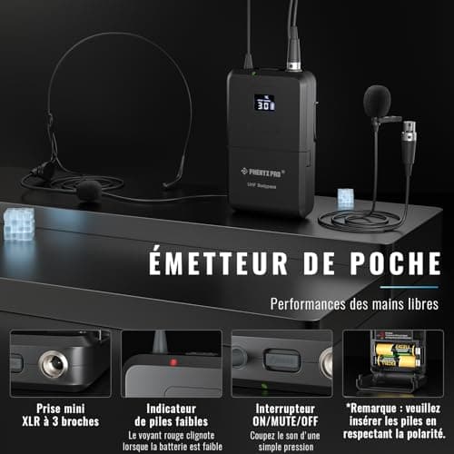 Phenyx Pro Système de Microphones sans Fil UHF, Auto-Scan avec 2x100 Fréquences, 2 Bodypacks & Casque/Micro lavalier sans Fil pour Parler, Chanter, église, DJ (PTU-71-2B)