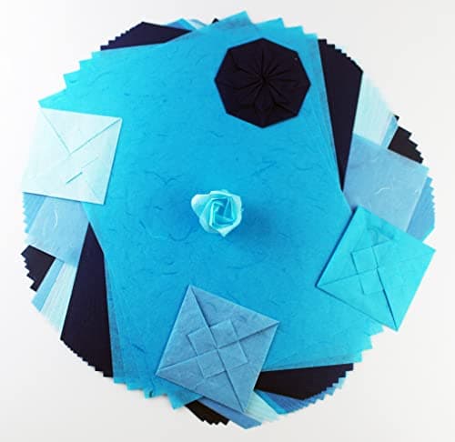 Lot de 50 feuilles de papier de mûrier - Couleurs unies - Motif origami - Fait à la main - Pour fabrication de cartes japonaises - Bleu