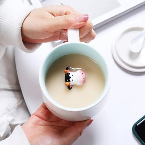 Tasse à café en forme d'animal 3D, 12 oz Figurine de dessin animé amusante faite à la main Tasse à thé au lait, cadeaux d'anniversaire de Noël pour amis enfants filles épouse grand-mère tante (Vache)