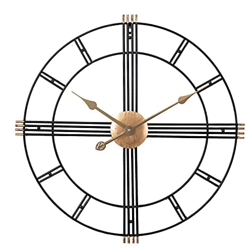 Yumyolk Horloge Murale Ronde, 60 cm, Silencieuse, Fonctionnement à Piles, Lunette Horloge Murale Ronde, 60 cm, Silencieuse, Fonctionnement à Piles, Noire, Aiguilles Or, Chiffres Romains Noirs