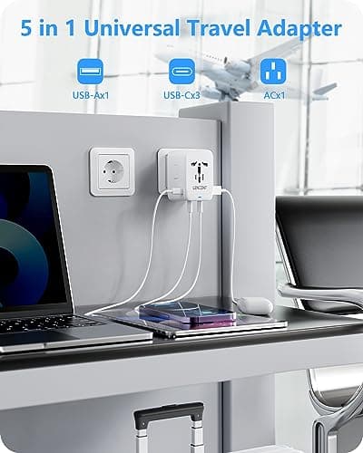 LENCENT Adaptateur Prise Universelle 65W, 3 Type-C+1 USB Chargeur Rapide Voyage, Chargeur Universel de téléphone avec Prise Internationale pour Phone, PC, UK US EU AUS Blanc
