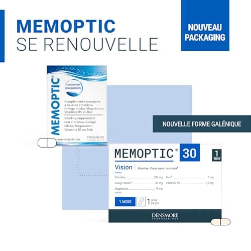 Densmore - MEMOPTIC Complément Alimentaire Mémoire et Vision à base de Citicoline - Ginkgo biloba Magnésium Vitamine B5 Zinc - 30 comprimés - Cure de 1 mois - Fabriqué en France