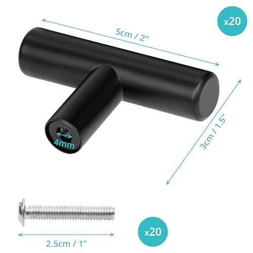 BELLE VOUS (Lot de 20 Poignée Meuble de Cuisine - Bouton De Meuble en T de 50 mm en Acier Inoxydable Noir - Bouton de Porte, Tiroirs, Armoires, Meubles, Chambre à Coucher, Penderies & Meubles