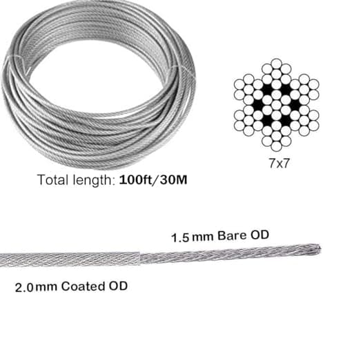 TooTaci Corde en Acier Inoxydable à Suspendre Kit,30M/2mm Câble en Acier Inoxydable Revêtu avec M5 Tendeurs de Fil,Kit Cable Metallique 2mm pour Plantes Grimpante,Outdoor Suspension,Corde a linge