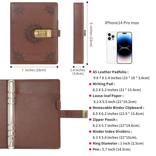 WASON A5 Carnets et journaux avec verrou reliure de notes ligné de planification portfolio et bloc-notes rechargeable stylo organisateur à pince pour entreprise école voyage (Café)