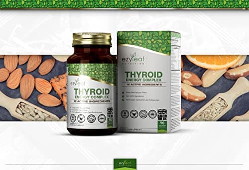 Ezyleaf Complexe Thyroïdien | Supplement Soutien Thyroïdien L Tyrosine Ashwagandha Phenylalanine Iode Zinc Varech Mousse de mer Iodure de Potassium Guggul Selenium | 90 Capsules | Certifié ISO au UK