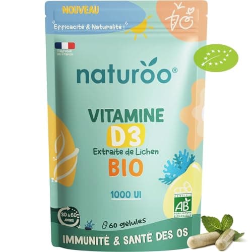 Vitamine D Bio Naturelle et Végétale, Vitamine D3 biologique à base de Lichen | 1000 UI (500% des AJR) | 60 gélules (1 à 2 mois) | Premium & Vegan | Pour Hommes et Femmes | Extraits de Lichen bio