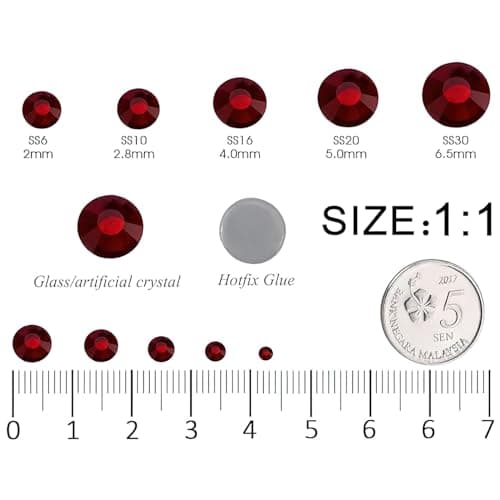 YHMQ DU 6616 Pièces Chemise en Tissu de Verre Cristal Strass Hotfix Rouge Foncé pour Vêtements Dos Plat Étincelant Rond avec Pince à Épiler et Stylo pour Collection (Ensemble SS6 ~ SS30)
