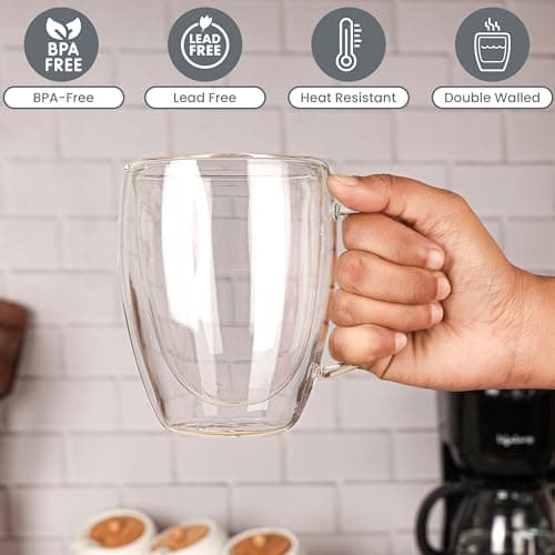 Belle Vous (Lot de 6) Tasse a Cafe Double Paroi - Verre Double Paroi 350ml avec Poignées - Tasse Double Paroi en Verre Borosilicate Thermorésistante pour Thé, Café, Cappuccino & Lattes