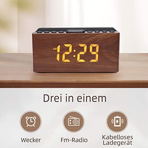 Radio Réveil Numérique en Bois avec Radio FM,Station de Charge sans fil Rapide Pour iPhone/Samsung Galaxy,Alarm Clock et Affichage LED,Variateur à 5 Niveaux,Port USB,Minuterie de Sommeil, Marron