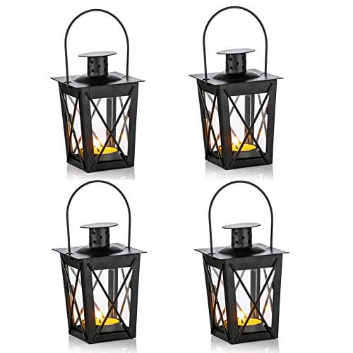 Lanterne en Verre À Terre/Suspendue, Lanterne en Verre Portable, Bougie Chauffe-Plat Petite Lanterne Rétro De Fer, Suspension De Décoration D’Intérieur/Cour (Noir, 4 Pcs)