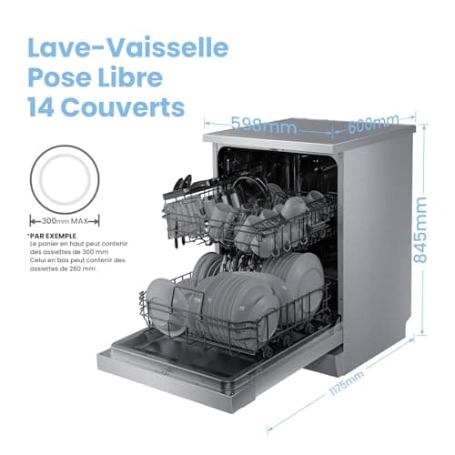 COMFEE' FD1435E-X Lave-vaisselle pose libre pour 14 couverts, grand format, 44 dB, grand écran LED, départ différé, fonctionnalité demi-charge, supports flexibles, acier inoxydable