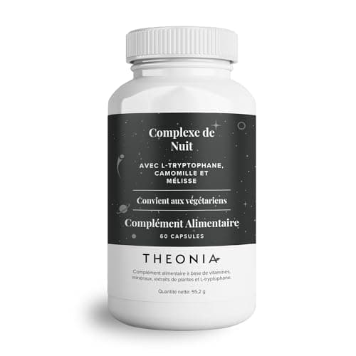 Complexe nuit de Theonia avec 100 mg L-tryptophane, camomille et Mélisse Supplément naturel pour le sommeil et la relaxation - 60 gélules, Sans OGM, Végétarien