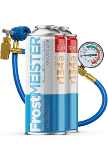 FrostMEISTER Kit de recharge 3 en 1 pour climatiseur de voiture R134a (1995-2016) - 2 canettes de 400 ml et tuyau avec manomètre - Remplacement du réfrigérant, de l'huile et du mastic - Utilisation