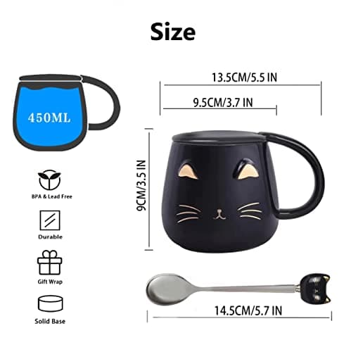 Sevitini Tasse de chat, Tasse a cafe avec cuillère y couvercle, céramique kawaii Mug avec chat, 450ml, Tasses à café, pour les amateurs de chatons,Cadeau de Noël ou d'anniversaire (Noir)