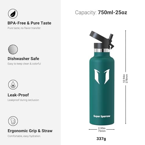 Super Sparrow Gourde Isotherme - 18/10 Ultra Léger Bouteille Isotherme - 750ml - Gourde INOX Bouche Standard - Gourde Enfant sans BPA, pour Sport, Voyages, L'école, Bureau, Maison