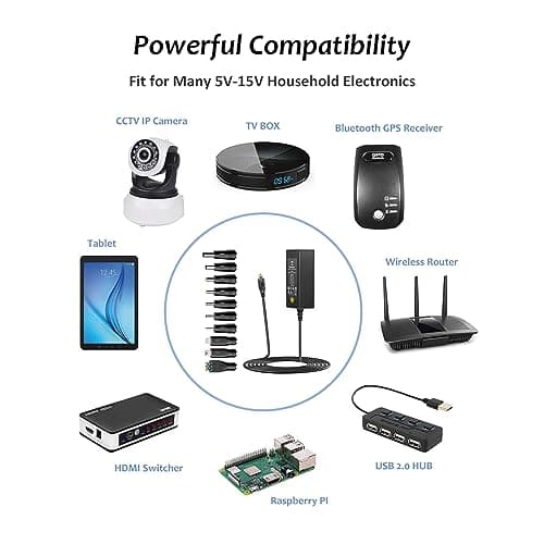 Zolt 45W Adaptateur d’Alimentation Universel AC à DC 5V 6V 7.5V 9V 12V 13.5V 15V 3A Transformateur d'alimentation à Découpage avec 10 Connecteurs DC, 3000mA Max.