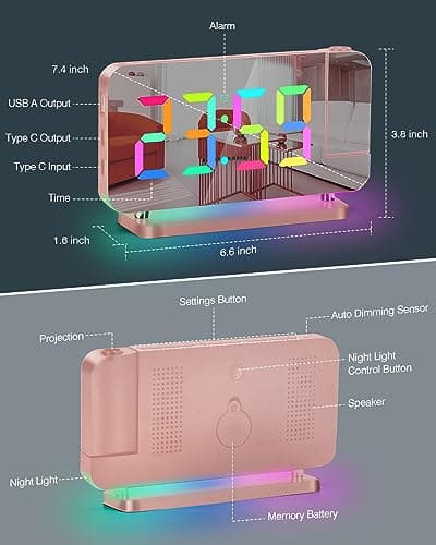 SZELAM Réveil à projection, 18,8 cm avec miroir LED, horloge numérique à projection sur mur de plafond, avec veilleuse RVB, port de charge USB C, gradation automatique, horloge de bureau moderne pour