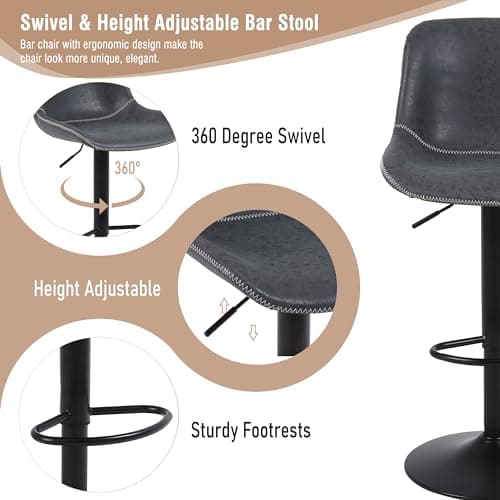 Ermnois Lot de 2 tabourets de Bar pivotants avec Dossier Chaises de Bar Modernes réglables sans accoudoirs en Cuir synthétique Noir