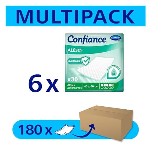 Confiance Alèse - Alèses pour la Protection de la Literie ou du Fauteuil - Niveau d'Absorption = 5 Gouttes - Dimensions = 40 x 60 cm - 6x30 unités